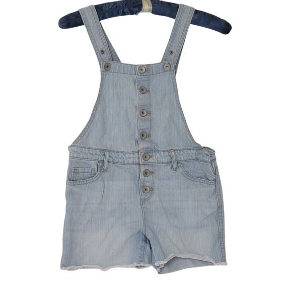 Girls Jeweled Distressed Blue Jean Cut Off Overall Shorts Sz 10 - Picture 1 of 5